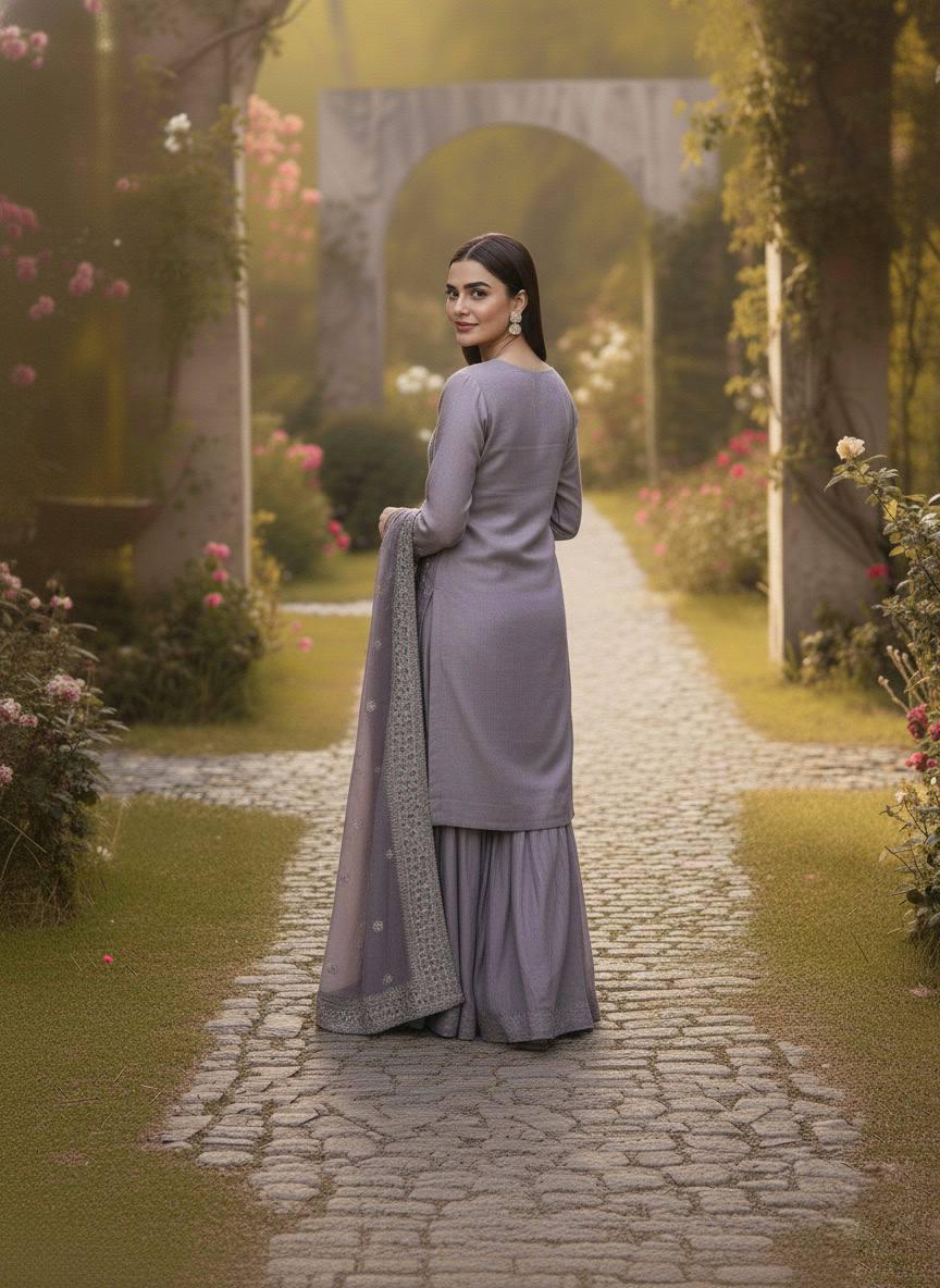 Jimmy Choo Purple Sharara Suit with Embroidery Beads Work Top and Flowy Dupatta