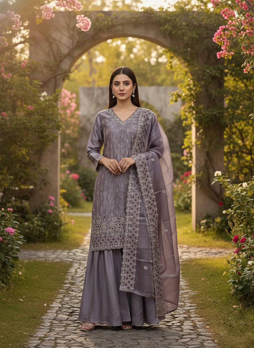 Jimmy Choo Purple Sharara Suit with Embroidery Beads Work Top and Flowy Dupatta