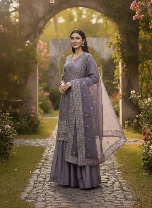 Jimmy Choo Purple Sharara Suit with Embroidery Beads Work Top and Flowy Dupatta