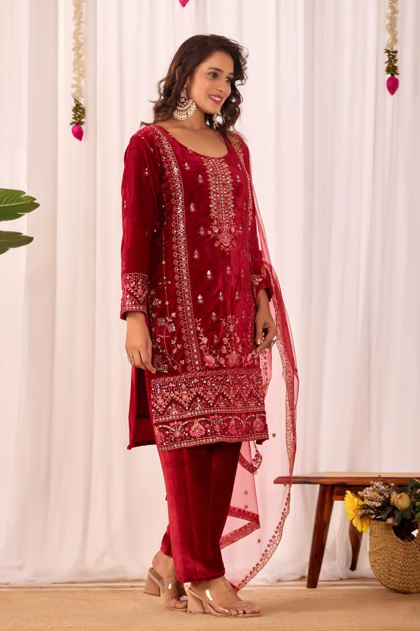Red Heavy Viscose Velvet Sequin Embroidered Suit Set with Pant and Butterfly Net Dupatta