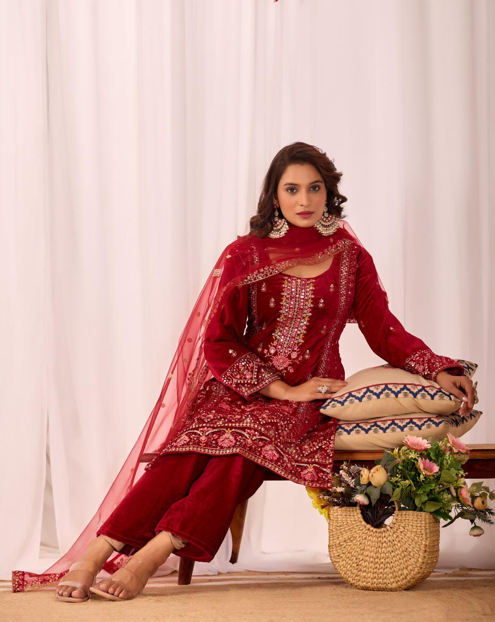 Red Heavy Viscose Velvet Sequin Embroidered Suit Set with Pant and Butterfly Net Dupatta