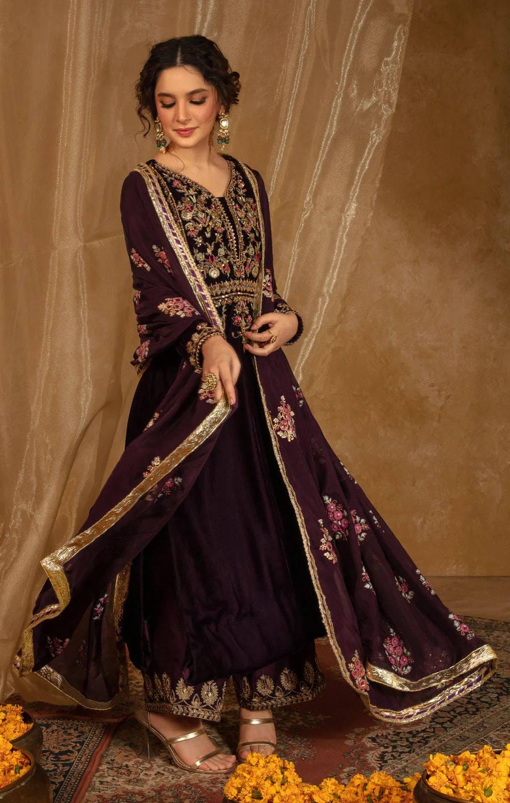 Velvet Kurta Palazzo Suit Set Heavy Sequin Embroidery Pakistani Wedding Outfit