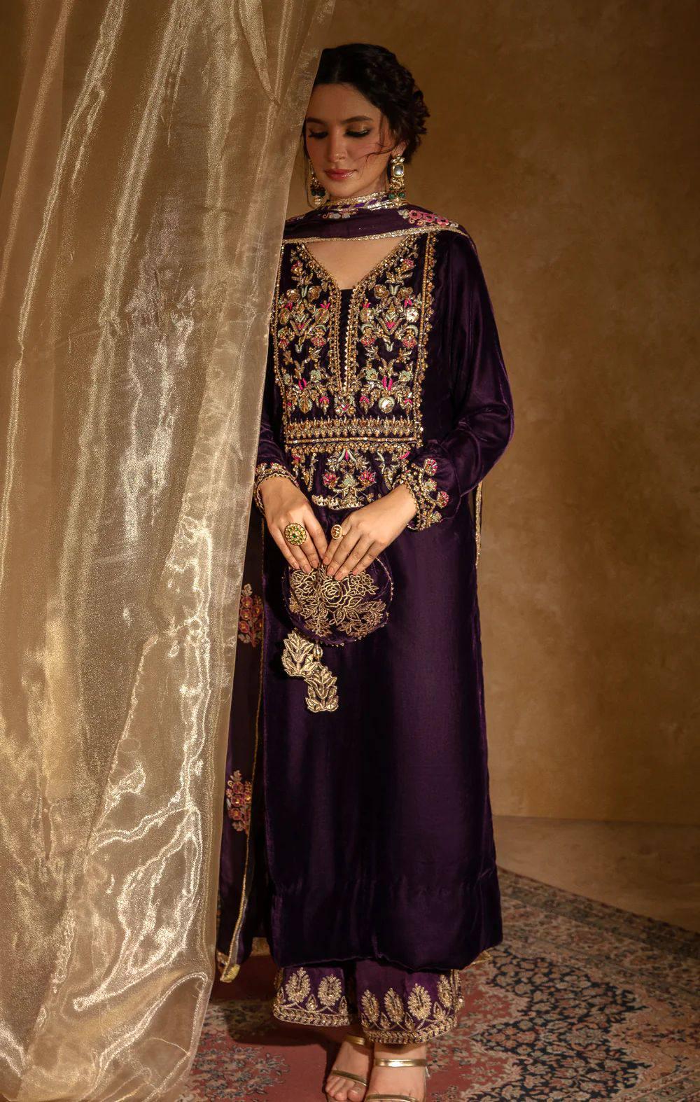 Velvet Kurta Palazzo Suit Set Heavy Sequin Embroidery Pakistani Wedding Outfit