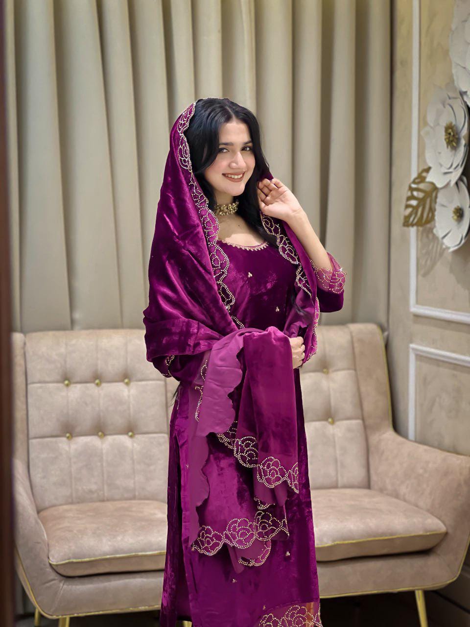 Pure Viscose Velvet Rhinestone Embroidered Suit Set with Dupatta – Party Wear Indian Outfit