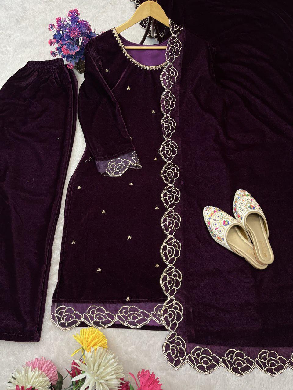 Pure Viscose Velvet Rhinestone Embroidered Suit Set with Dupatta – Party Wear Indian Outfit