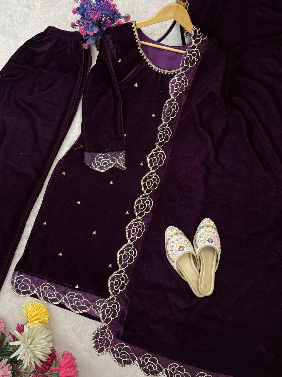 Pure Viscose Velvet Rhinestone Embroidered Suit Set with Dupatta – Party Wear Indian Outfit