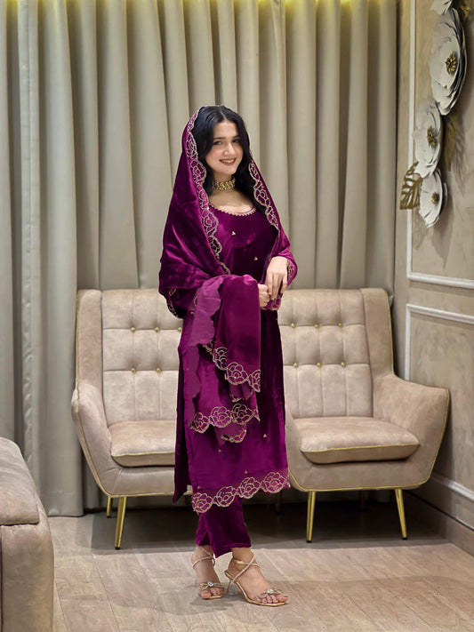 Pure Viscose Velvet Rhinestone Embroidered Suit Set with Dupatta – Party Wear Indian Outfit