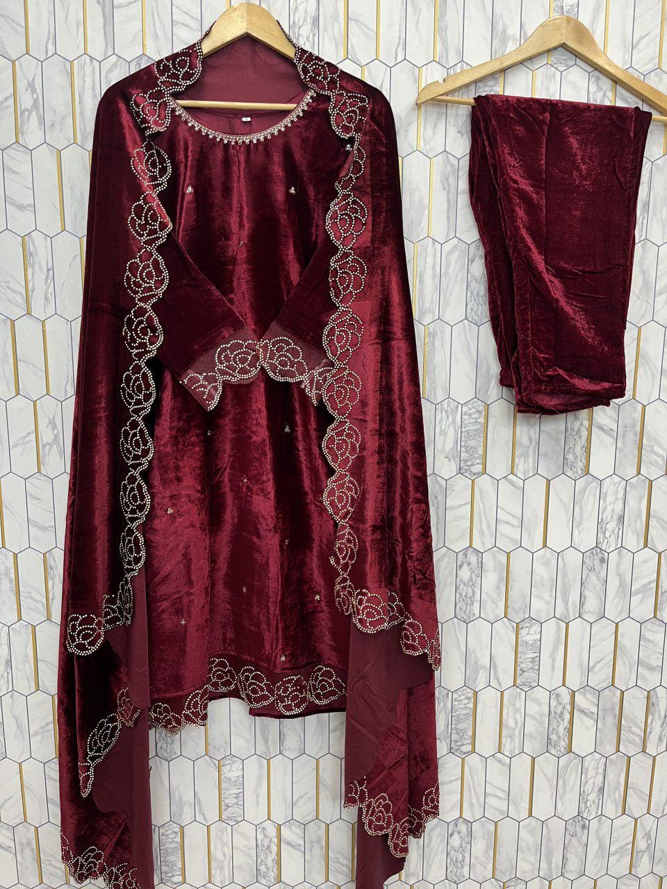 Red Viscose Velvet Rhinestone Rose Embroidered Suit Set with Dupatta - Wedding Outfit