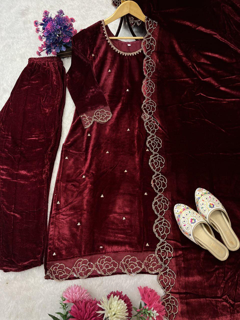 Red Viscose Velvet Rhinestone Rose Embroidered Suit Set with Dupatta - Wedding Outfit