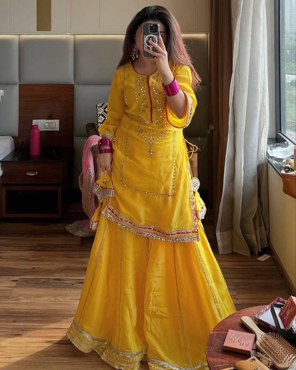 Kurta & Palazzo Dupatta Set With Pure Organza Silk Embroidered Suit - Haldi Outfit