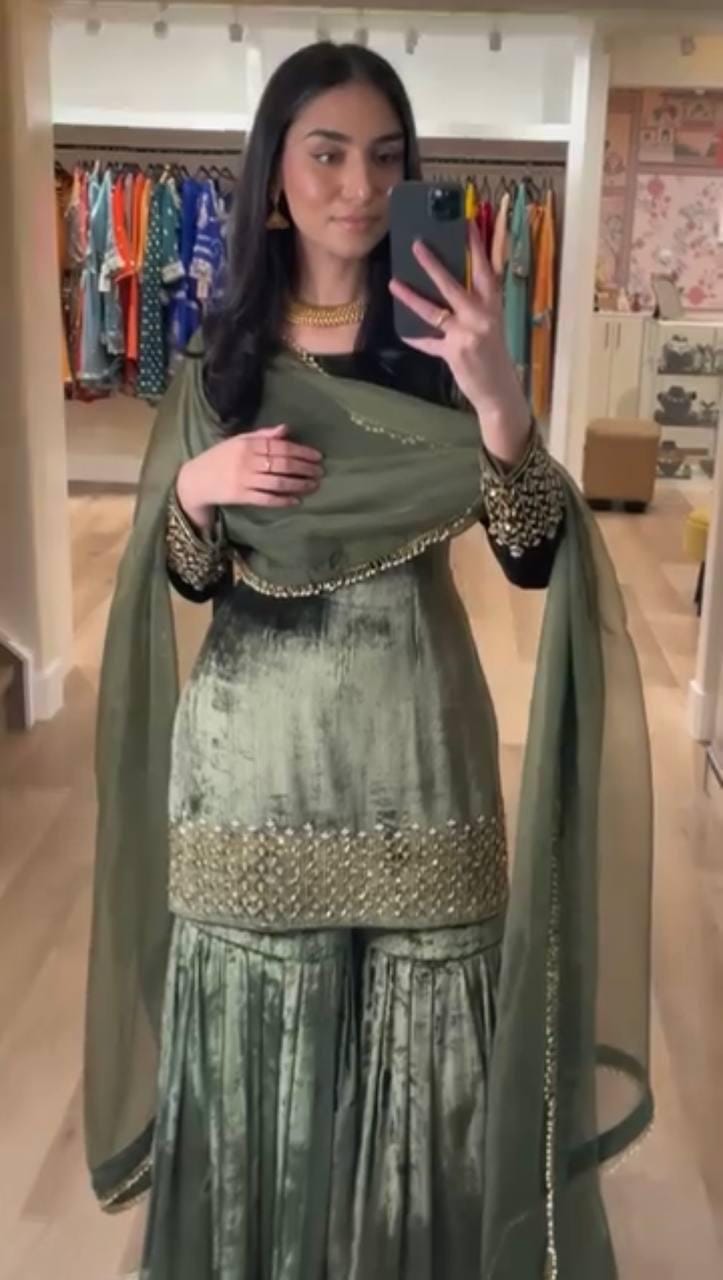 Designer Dark Green Heavy Viscose Velvet Top Sharara Set with Embroidery Suit for Women