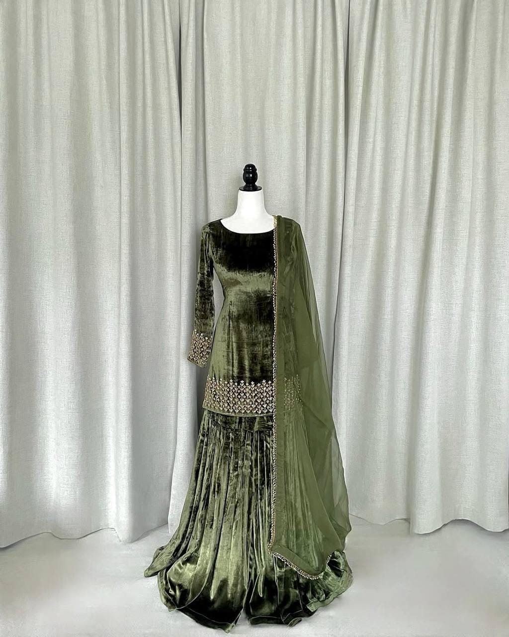 Designer Dark Green Heavy Viscose Velvet Top Sharara Set with Embroidery Suit for Women