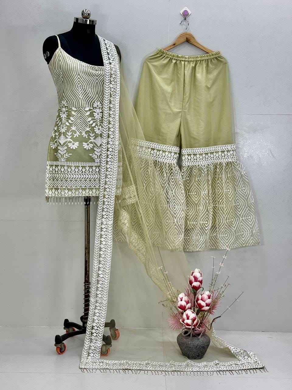 Pakistani Green Sleeveless Sharara Wedding Wear For Women's