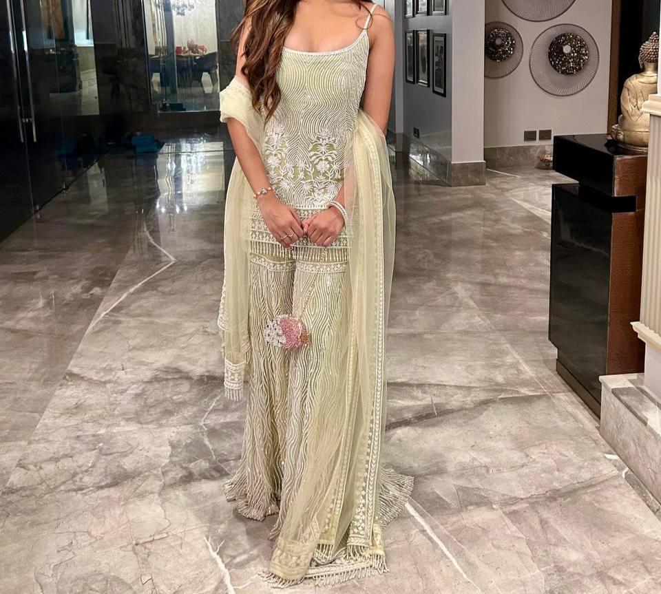 Pakistani Green Sleeveless Sharara Wedding Wear For Women's