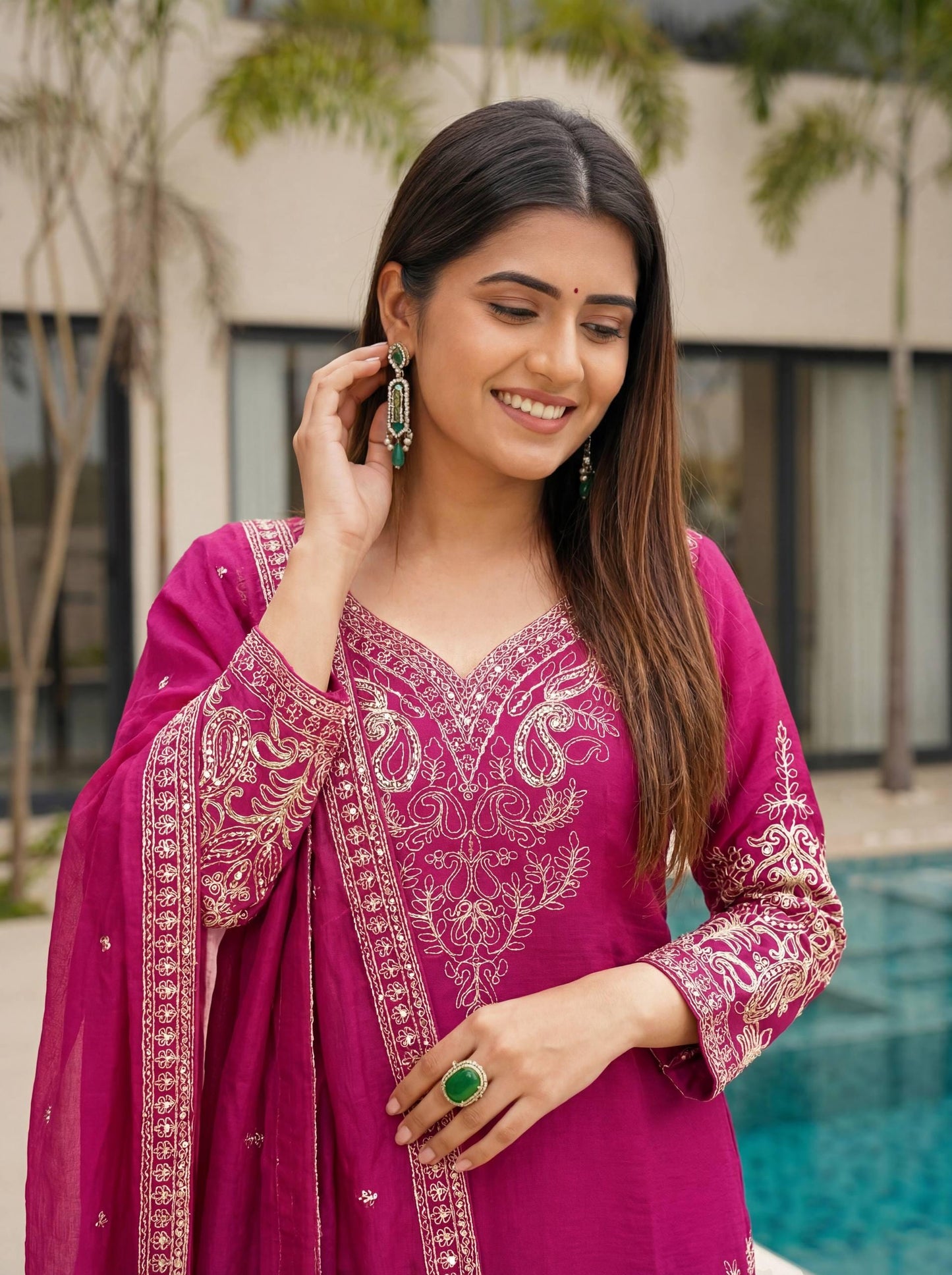 Designer Pink Chinon Silk Embroidered Sharara Suit with Dupatta | Kurti Palazzo Set