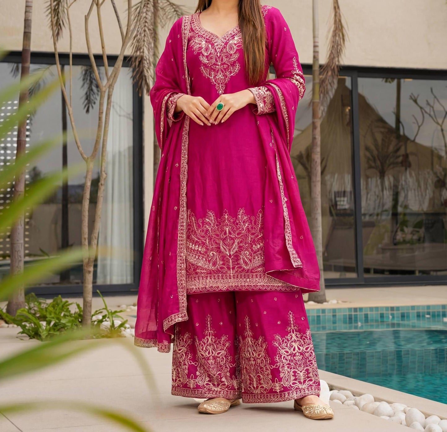 Designer Pink Chinon Silk Embroidered Sharara Suit with Dupatta | Kurti Palazzo Set