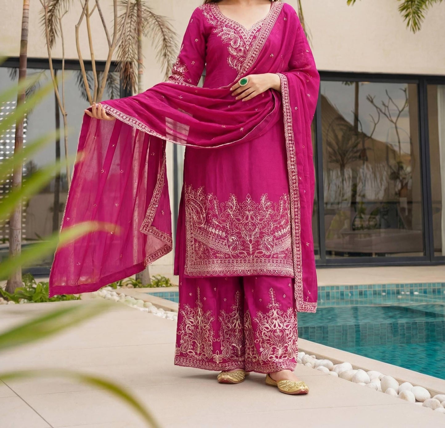 Designer Pink Chinon Silk Embroidered Sharara Suit with Dupatta | Kurti Palazzo Set