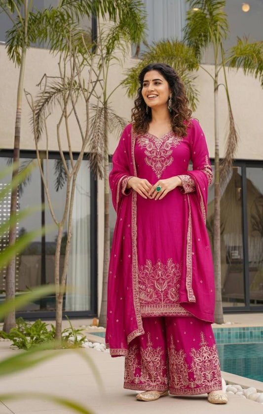 Designer Pink Chinon Silk Embroidered Sharara Suit with Dupatta | Kurti Palazzo Set