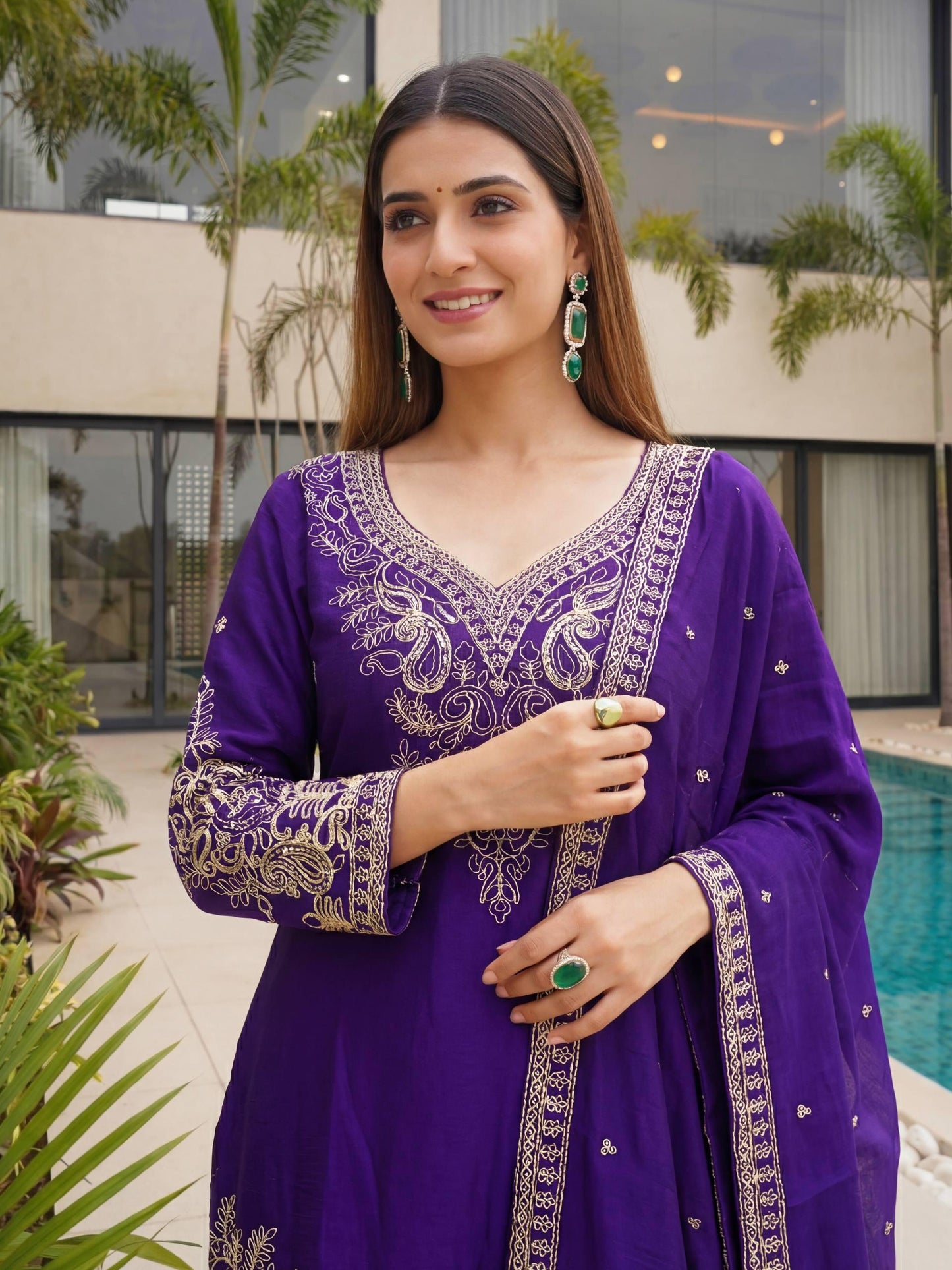 Designer Purple Chinon Silk Embroidered Palazzo Suit with Dupatta