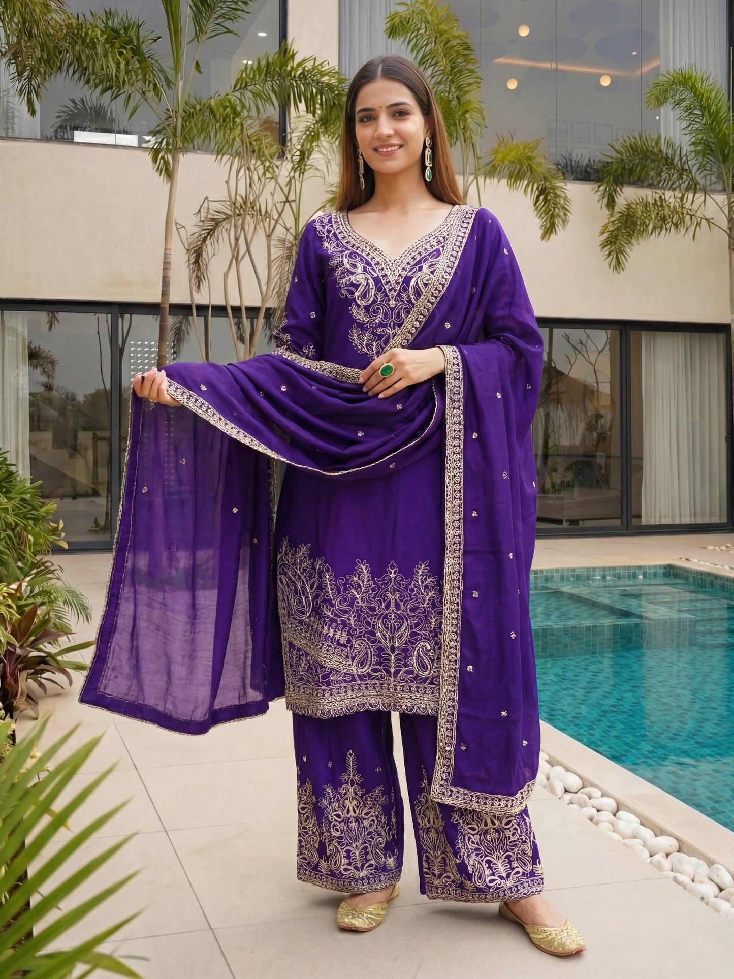 Designer Purple Chinon Silk Embroidered Palazzo Suit with Dupatta