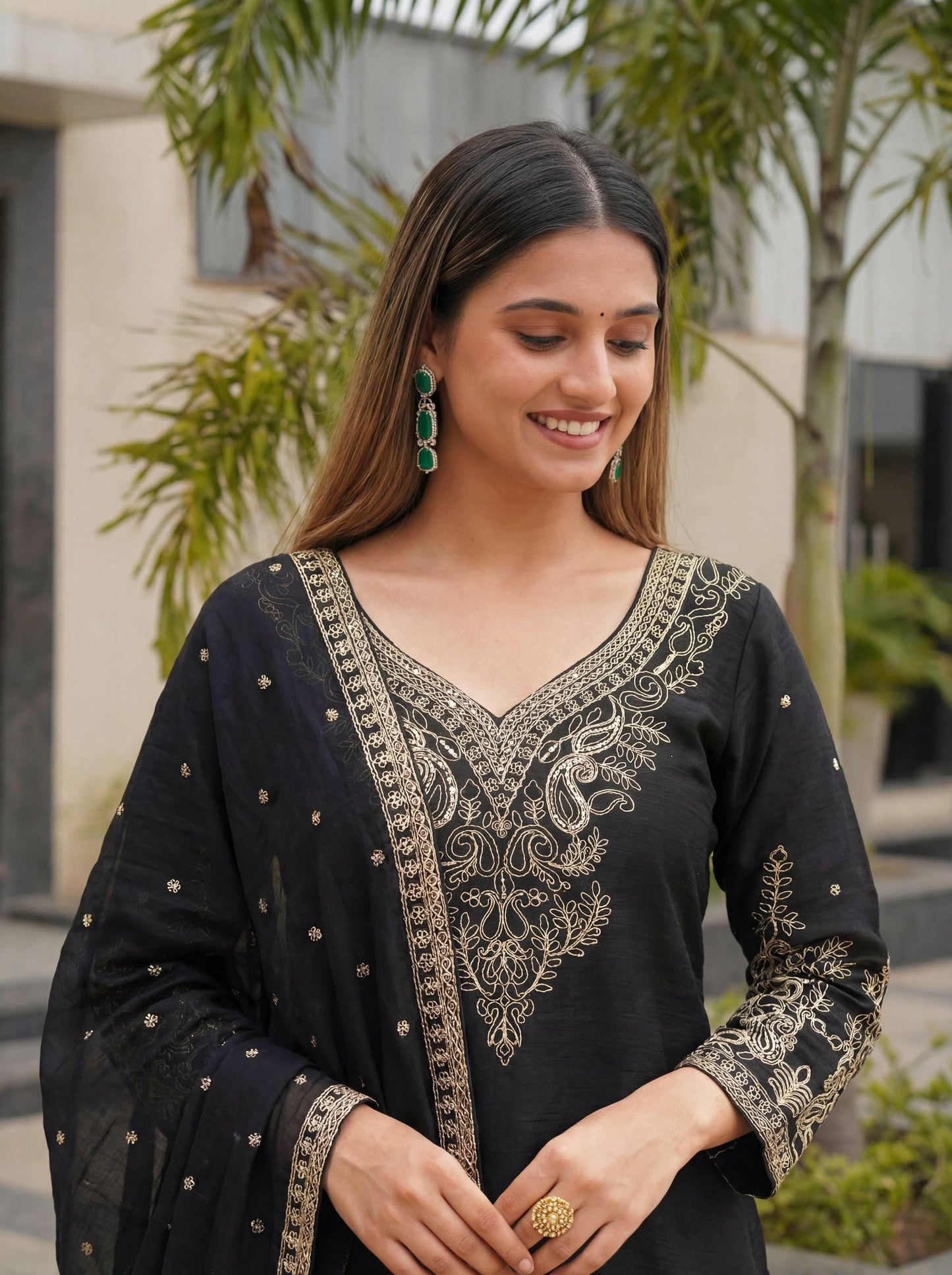 Black Embroidered Chinon Silk Kurti Sharara Set with Dupatta |Indian Ethnic Suit for Women