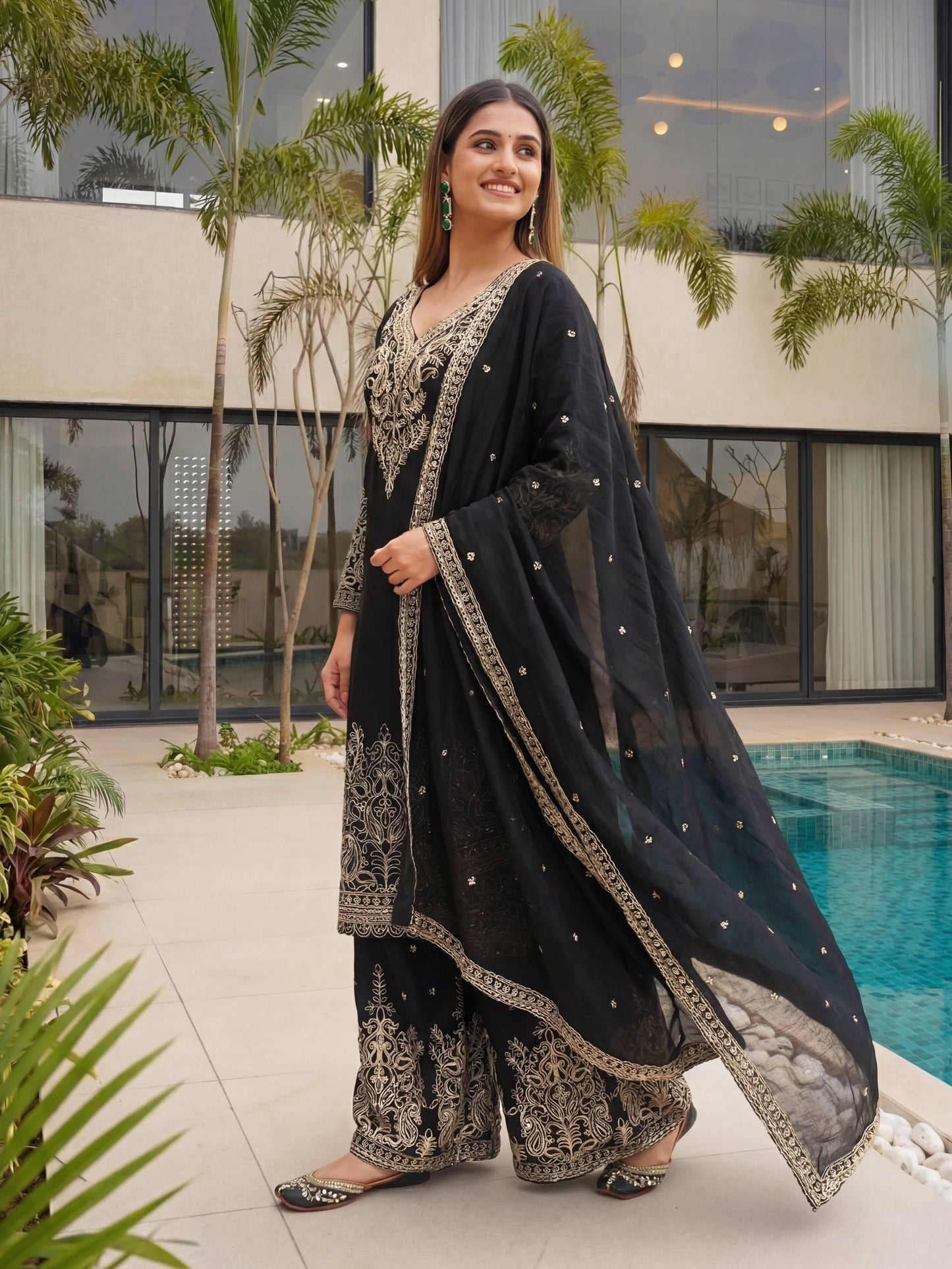 Black Embroidered Chinon Silk Kurti Sharara Set with Dupatta |Indian Ethnic Suit for Women