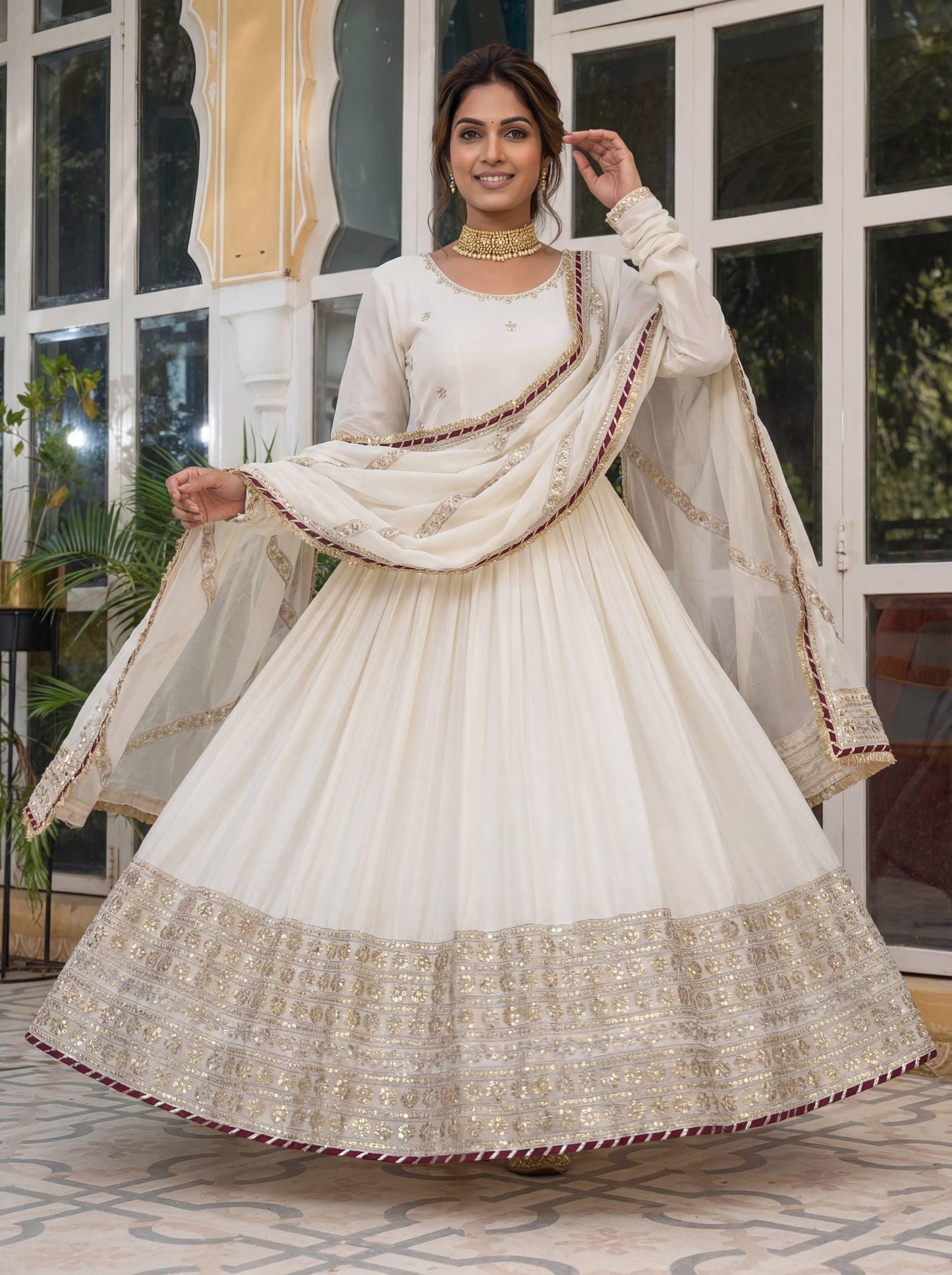 Elegant Ivory White Embroidered Anarkali Gown with Dupatta