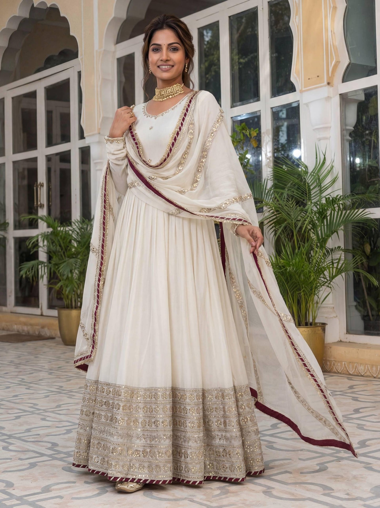 Elegant Ivory White Embroidered Anarkali Gown with Dupatta