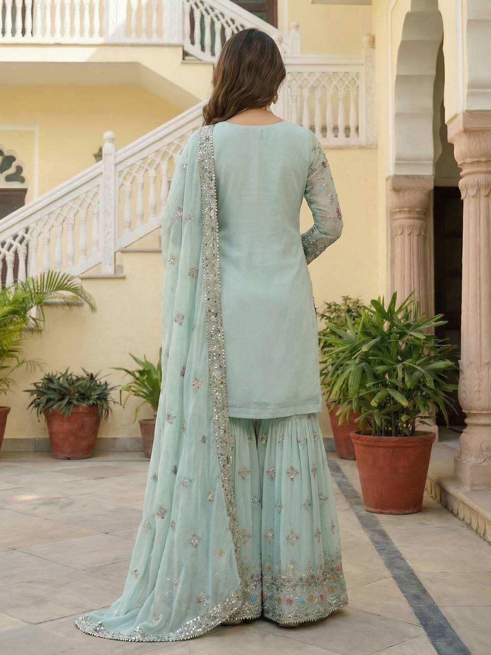 Mint Green Pakistani Embroidered Sharara Suit | Faux Georgette Kurti Dupatta Set