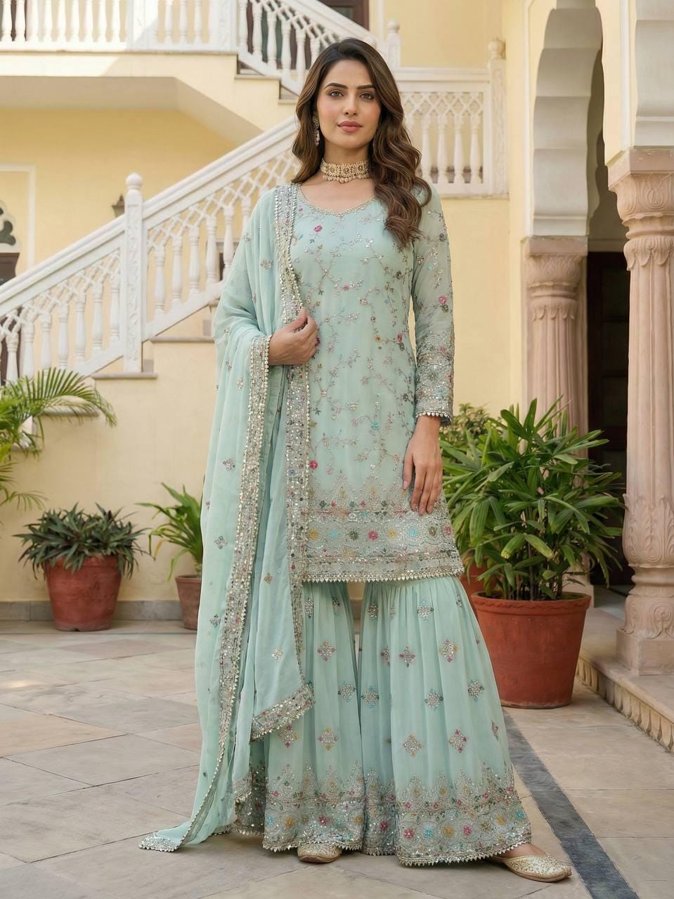 Mint Green Pakistani Embroidered Sharara Suit | Faux Georgette Kurti Dupatta Set