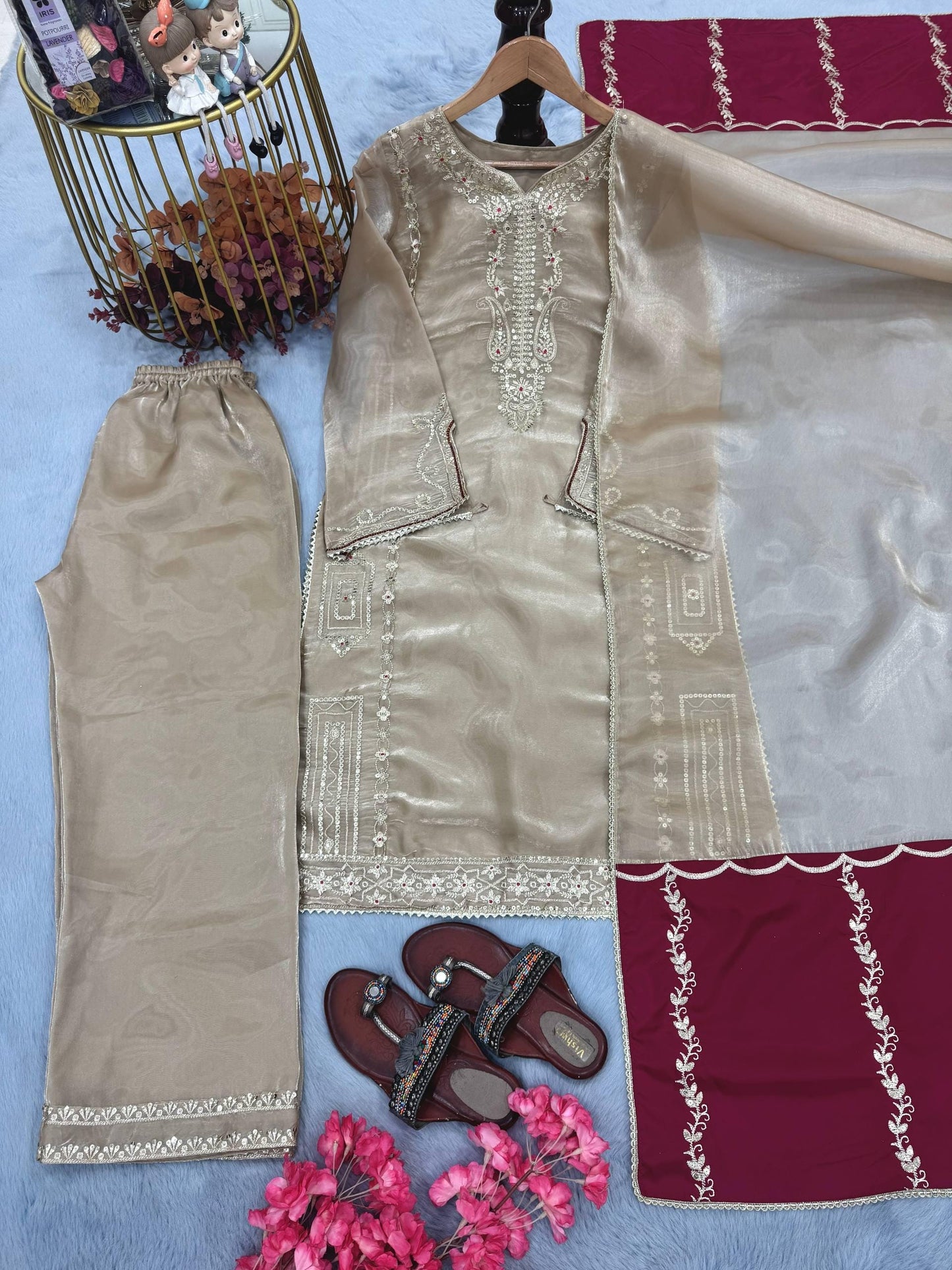 Beige Jimmy Choo Sequin Embroidered Suit Set with Fancy Sleeves and Dupatta
