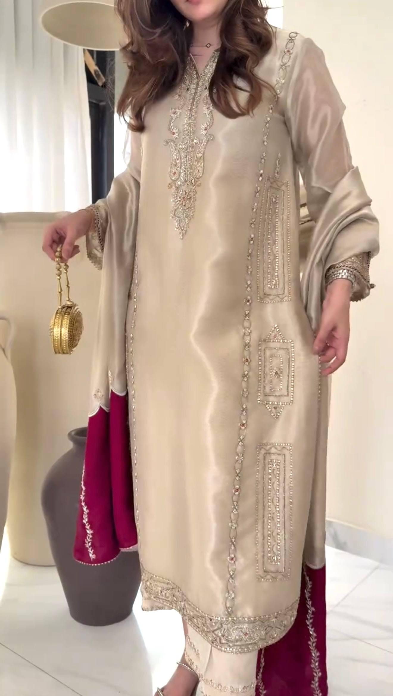 Beige Jimmy Choo Sequin Embroidered Suit Set with Fancy Sleeves and Dupatta