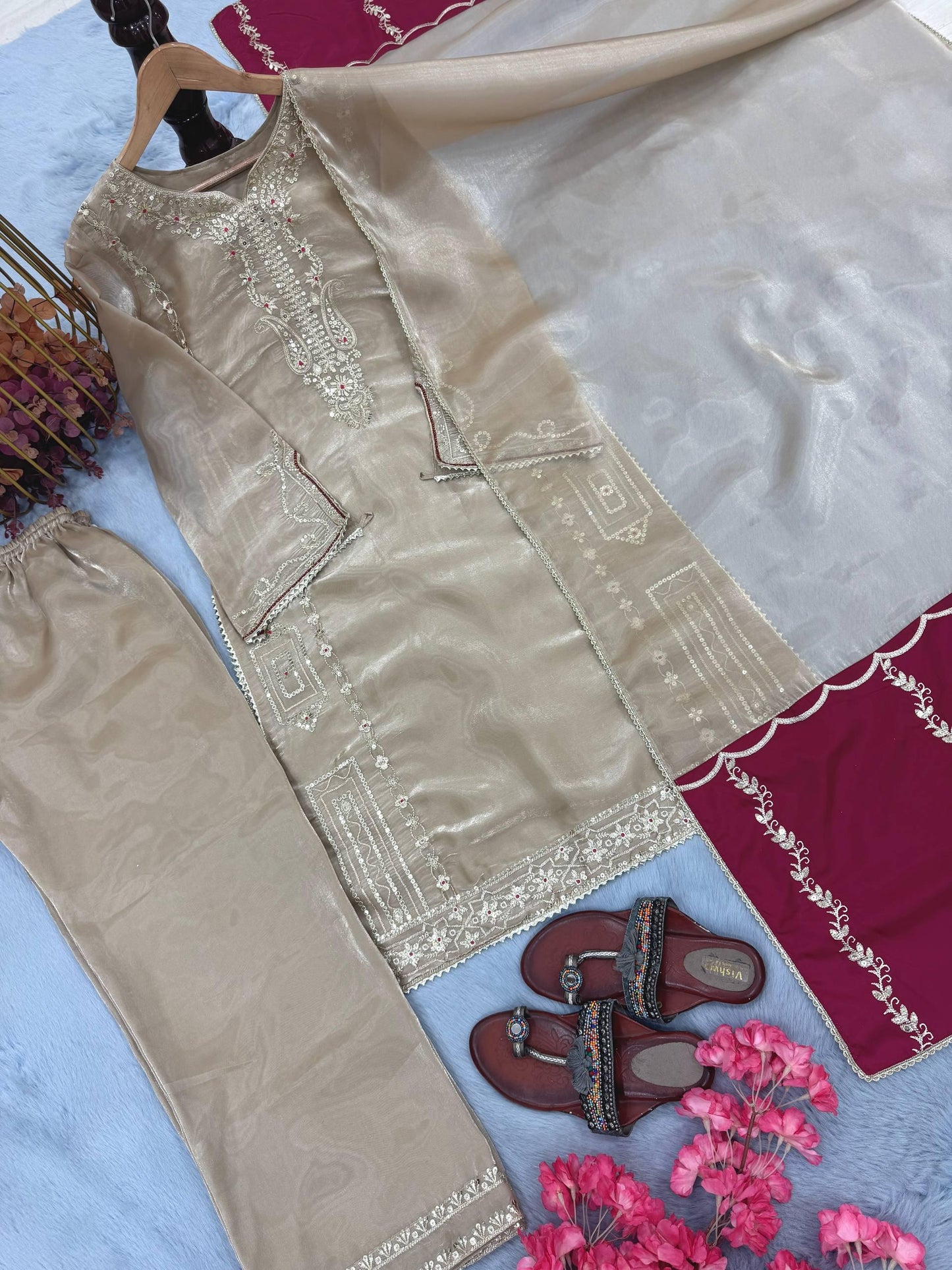 Beige Jimmy Choo Sequin Embroidered Suit Set with Fancy Sleeves and Dupatta