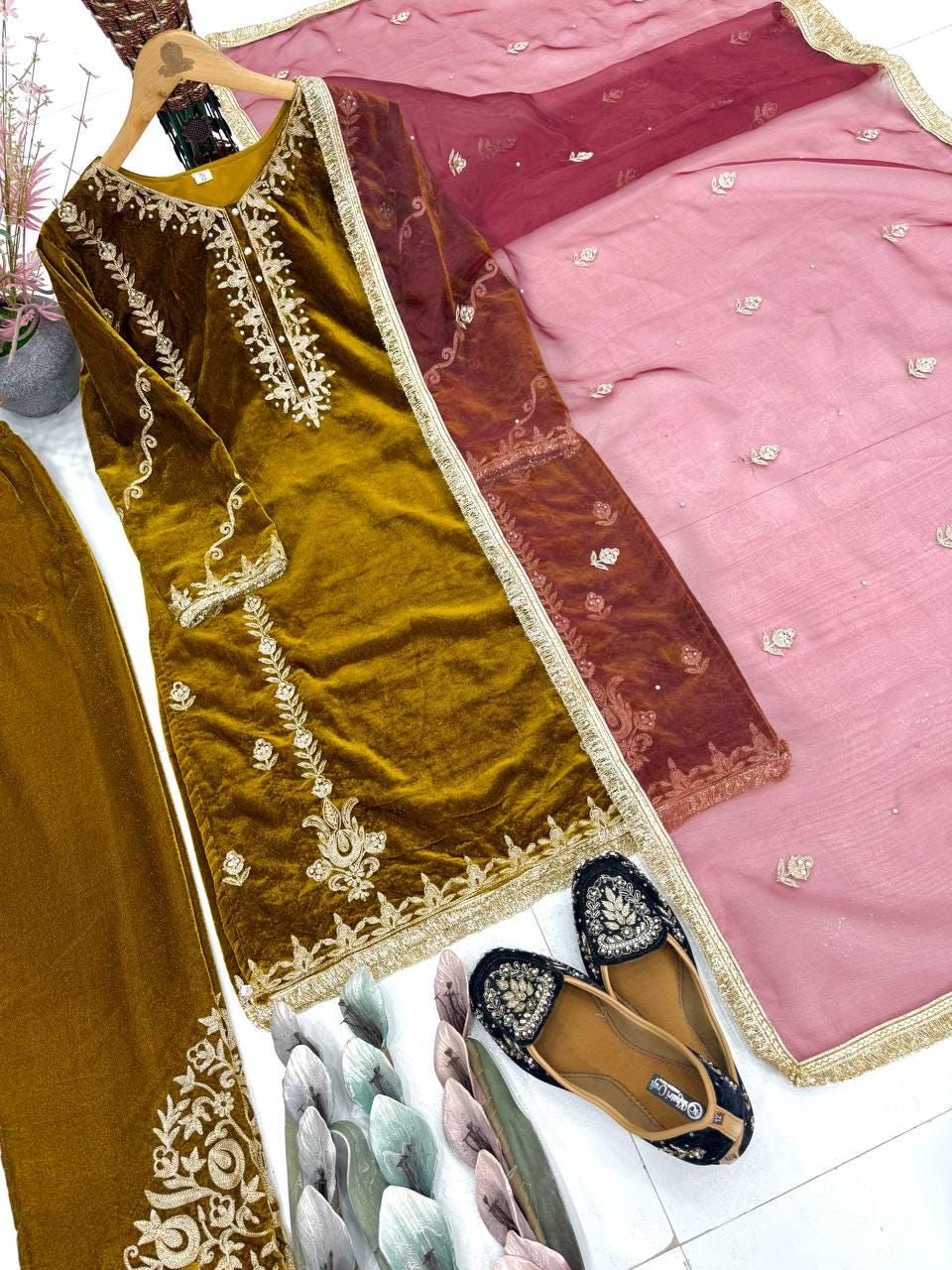 Pakistani Velvet Suit For Women | Viscose Velvet Embroidered with Pearl Work & Net Dupatta