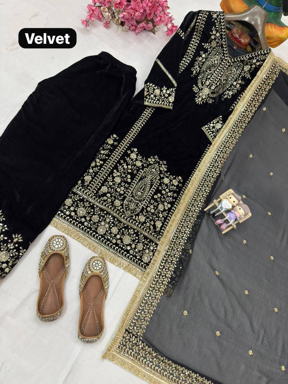 Luxury All Black Velvet Embroidered Suit Set with Georgette Dupatta for Festive & Wedding Wear