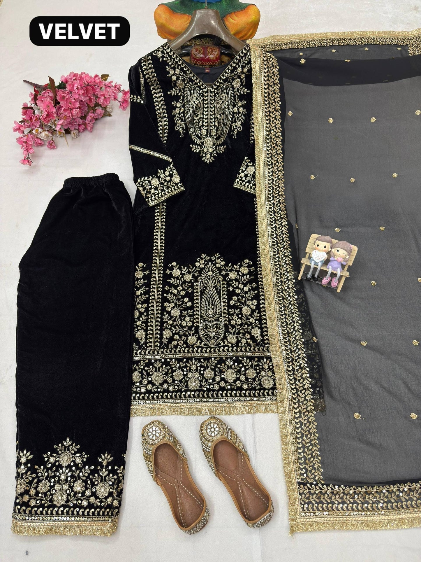 Luxury All Black Velvet Embroidered Suit Set with Georgette Dupatta for Festive & Wedding Wear
