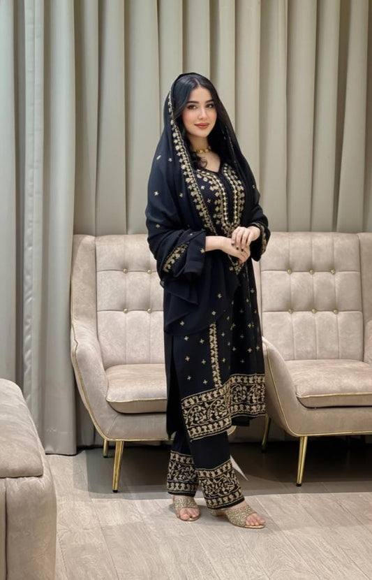 Black Heavy Embroidered Pakistani Shalwar kameez Suit Set with Matching Dupatta