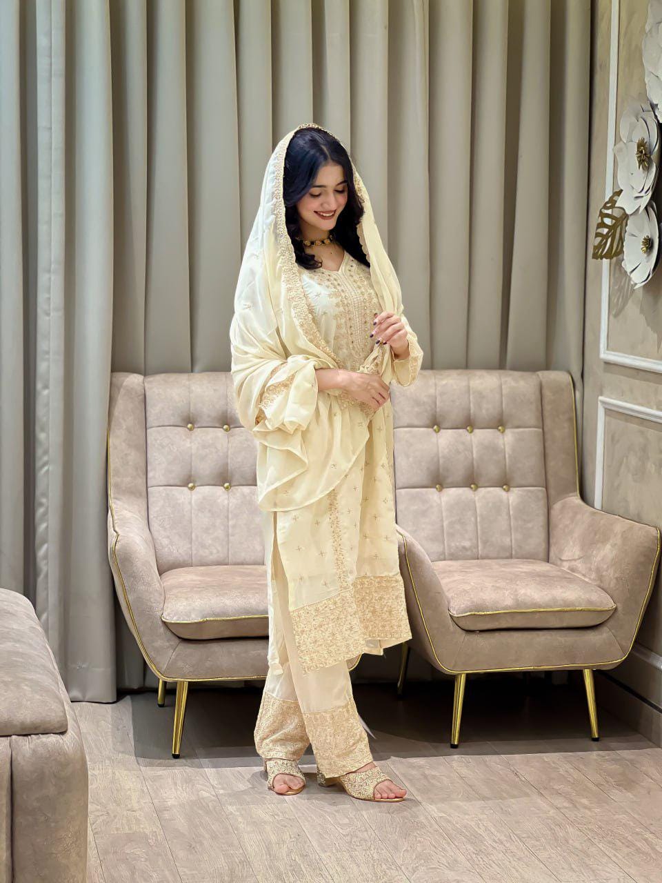 Beige Heavy Embroidered Pakistani Suit Set with Matching Dupatta
