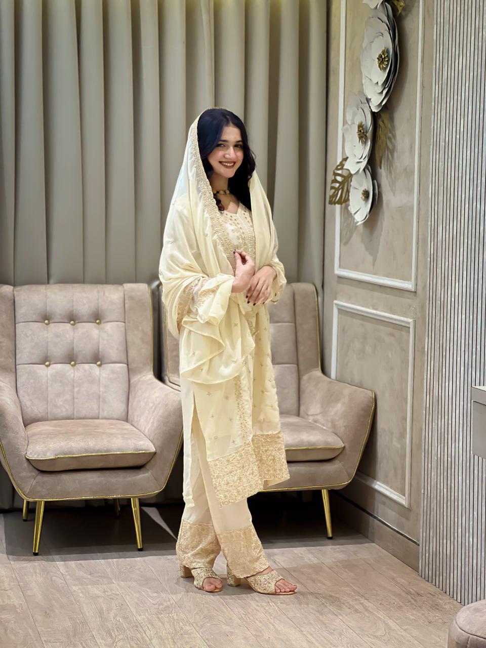 Beige Heavy Embroidered Pakistani Suit Set with Matching Dupatta