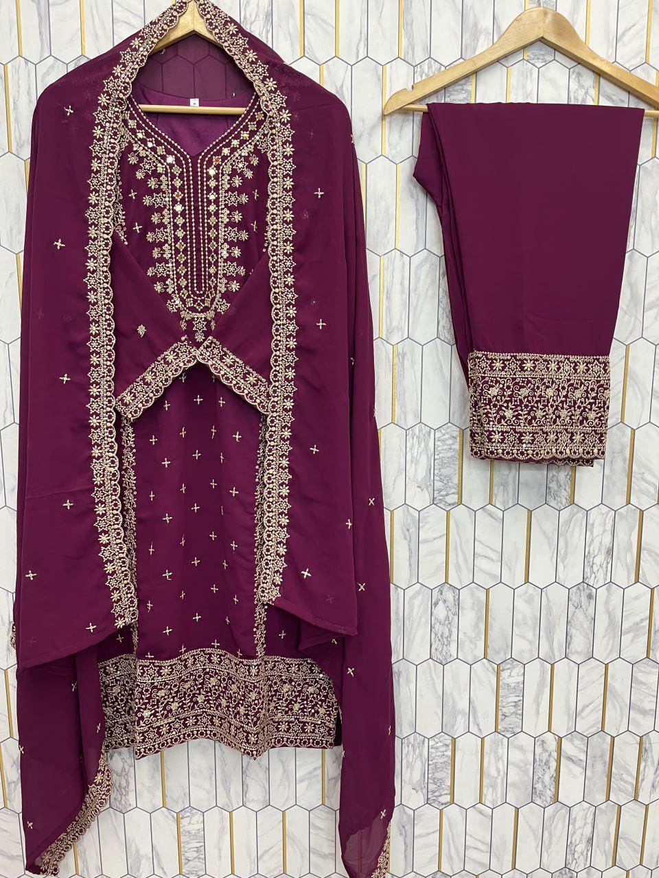 Purple Heavy Faux Georgette Salwar Kameez Suit - Women Designer Set