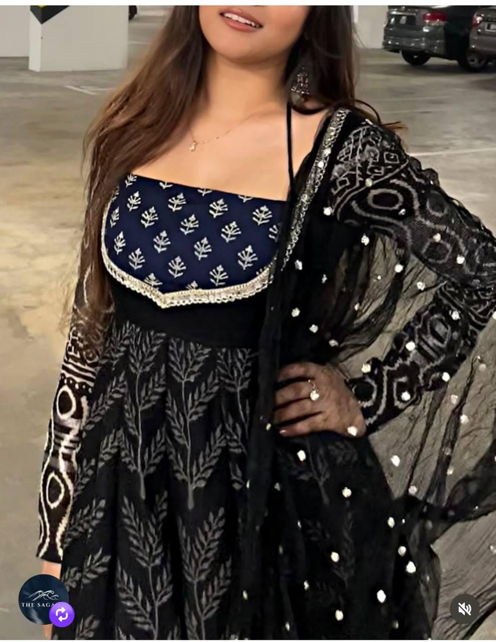 Black Printed Anarkali Gown Set with Dupatta - Festive wear
