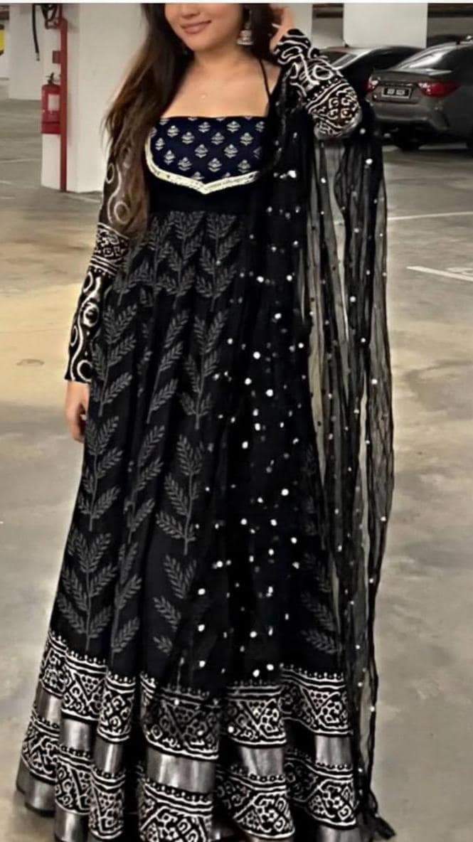 Black Printed Anarkali Gown Set with Dupatta - Festive wear