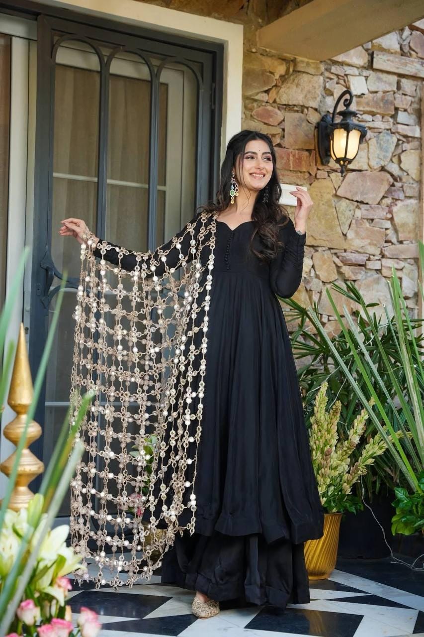 Black Anarkali Suit Set & Palazzo With Beige Antique Chain Coin Lace Dupatta