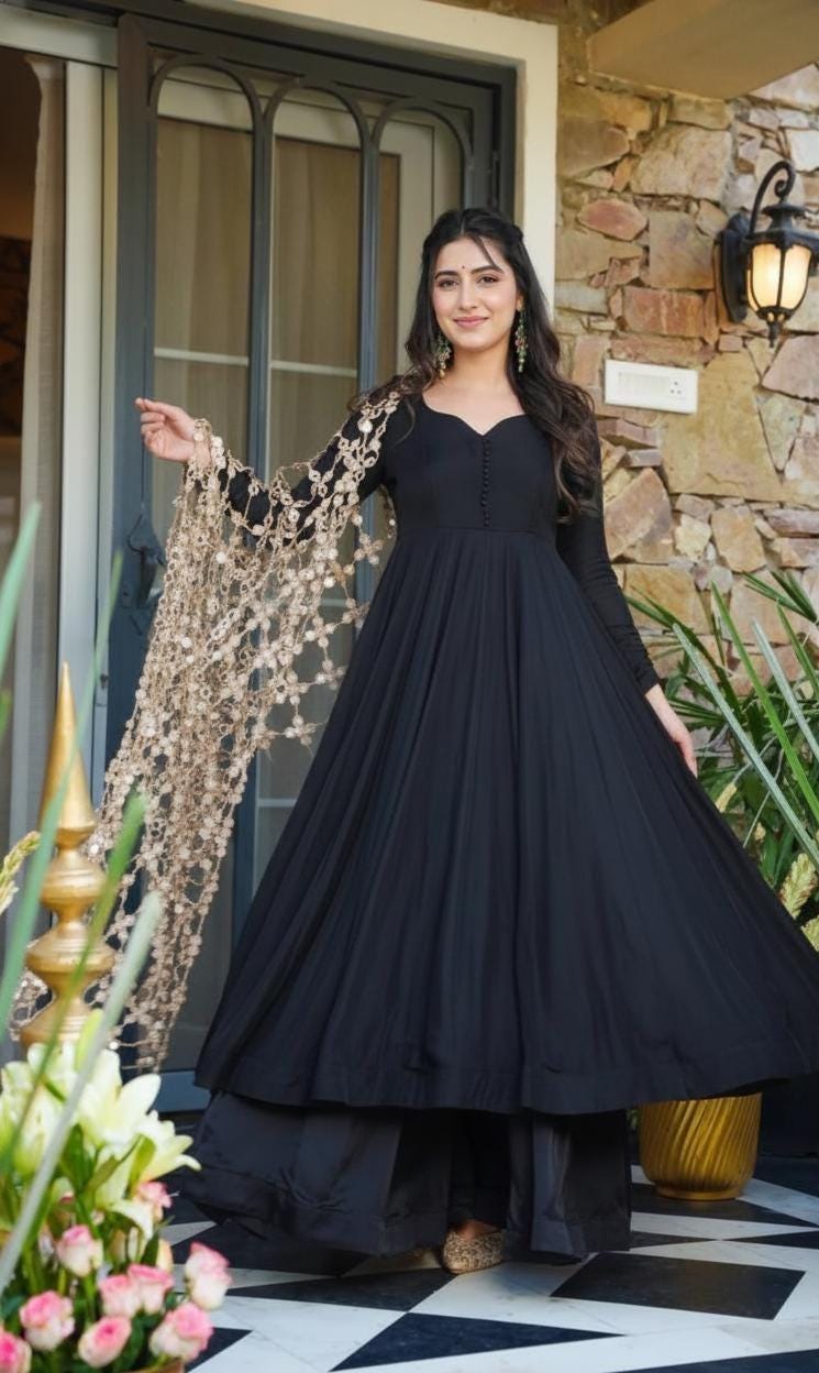 Black Anarkali Suit Set & Palazzo With Beige Antique Chain Coin Lace Dupatta