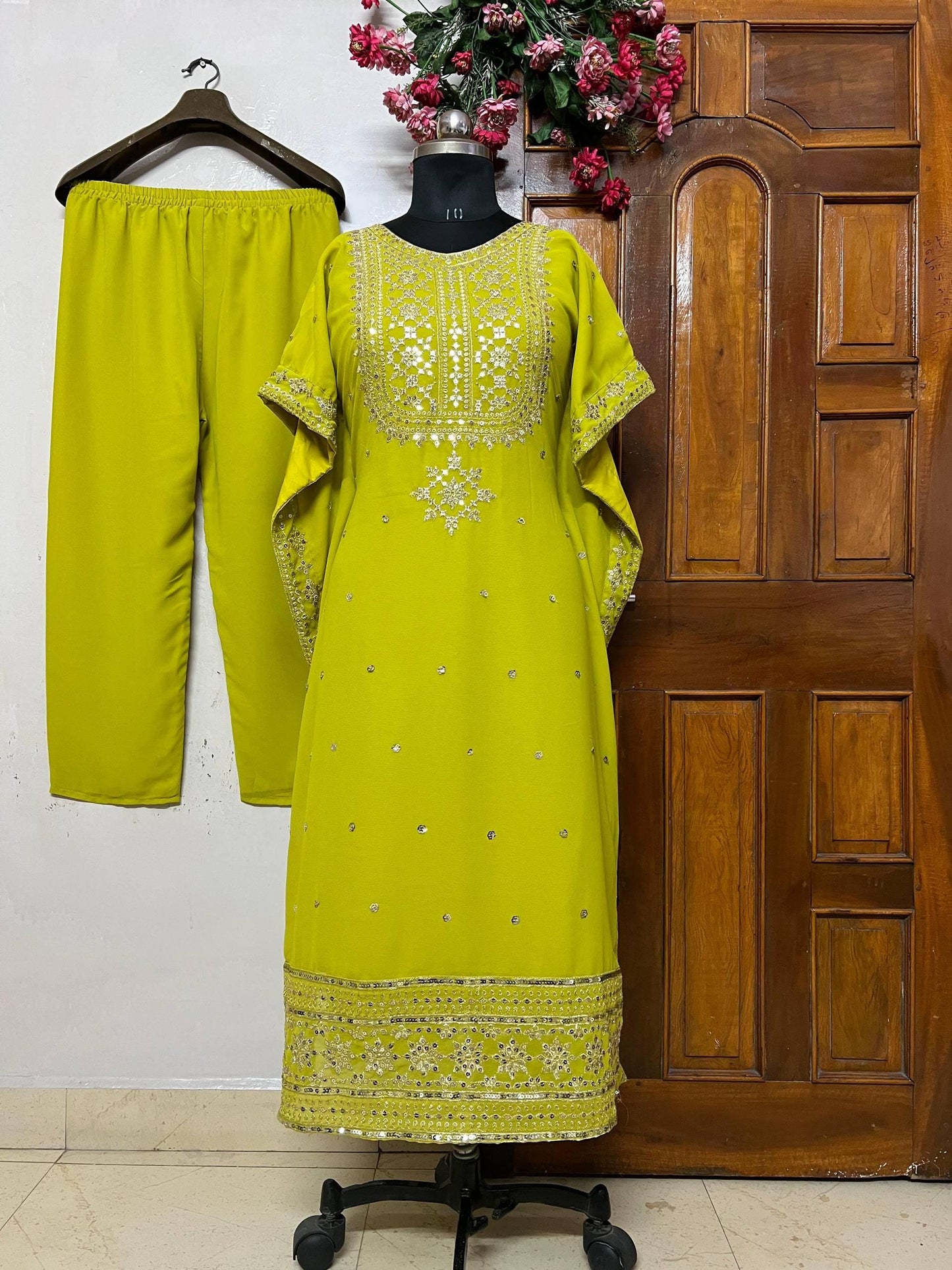 Faux Georgette Embroidered Kaftan Pant Set | Designer Sequin Zari Work Kurti Set