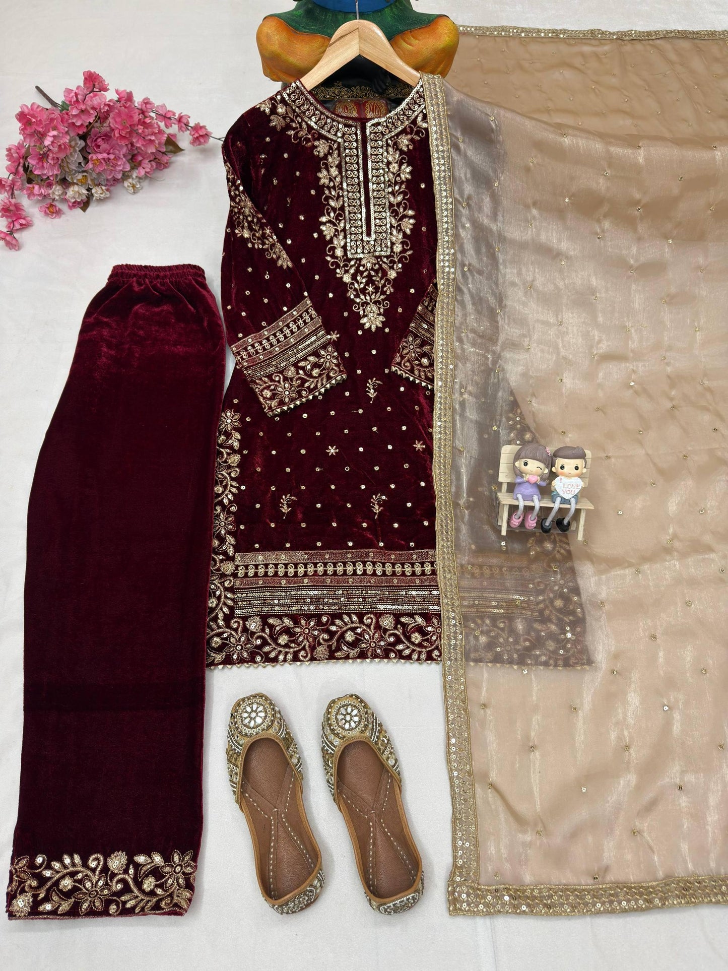 Designer Velvet Kurti Plazzo Set with Sequin Zari Embroidery
