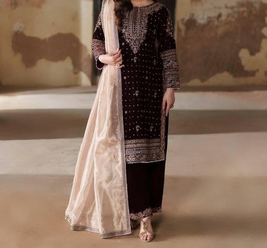 Designer Velvet Kurti Plazzo Set with Sequin Zari Embroidery