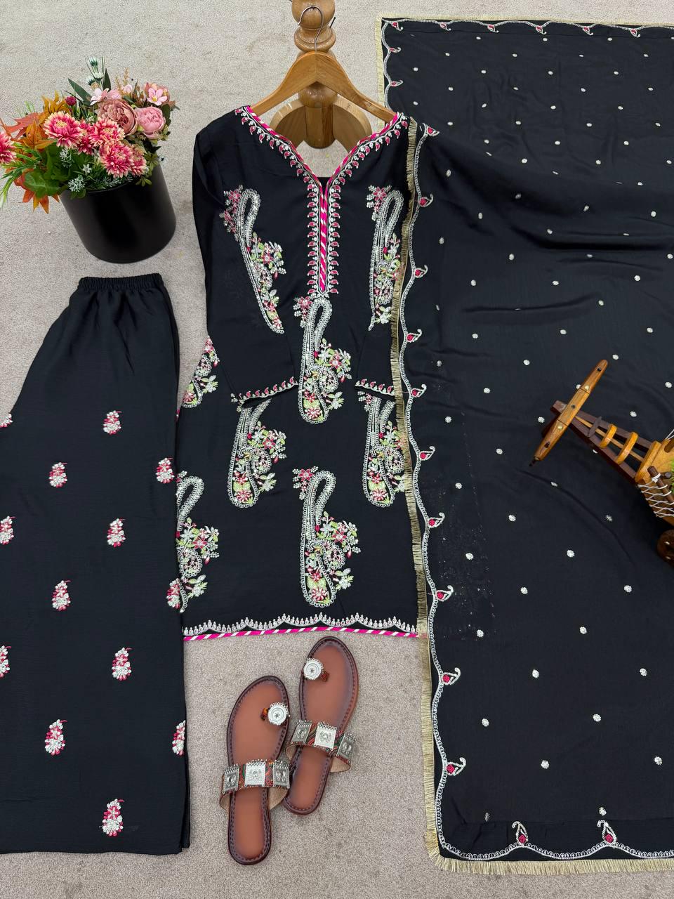 Black Dark Chocolate-Tone Punjabi Suit Embroidered Palazzo Ensemble | A Graceful Choice for Bridal & Festive Wear | TheBlissIN