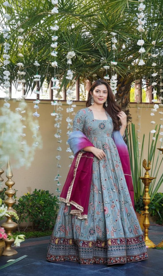 Indian Wedding Gown Pure Soft Organza Silk With Digital Print - Women Fashion Wear