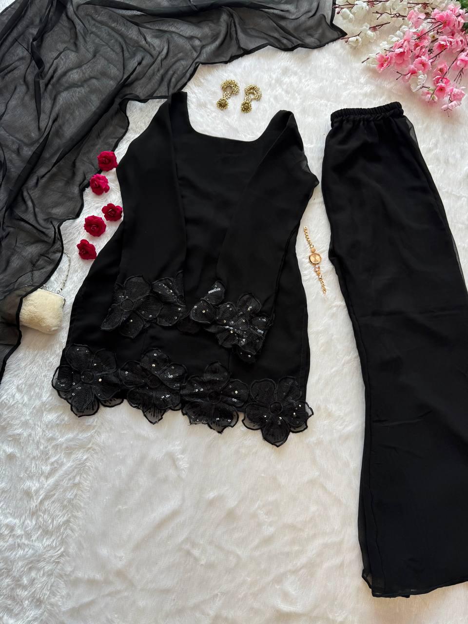 Designer Black Pakistani Palazzo Suit For Ramzan & Eid Outfit | Faux Georgette Ready To Wear Set